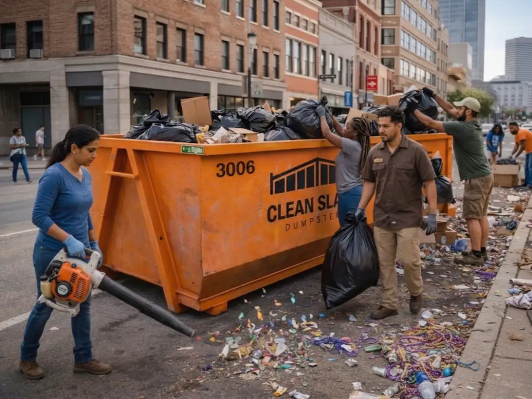 Volunteers cleaning city street with large orange dumpster