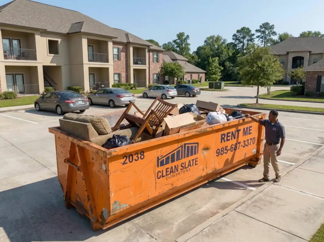 clean slate dumpster filled with furniture apartment parking lot