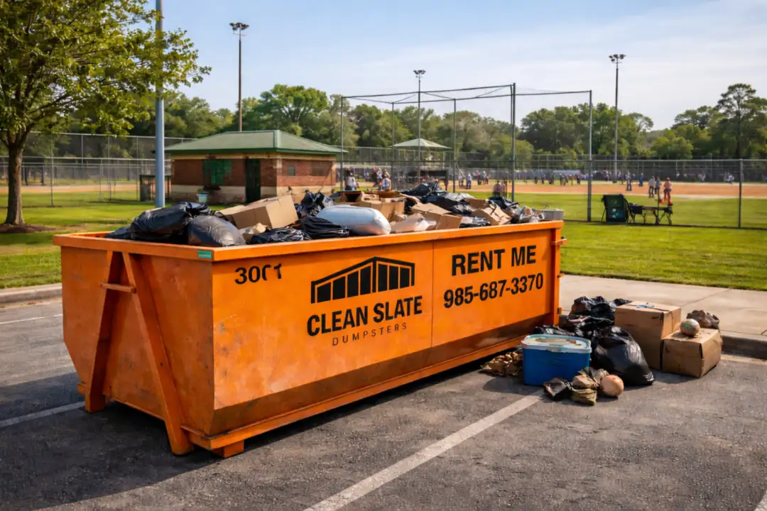 Orange dumpster filled with trash at park
