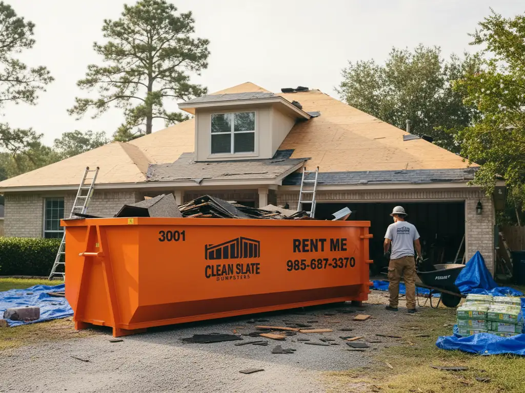 clean slate orange dumpster rental residential roof replacement