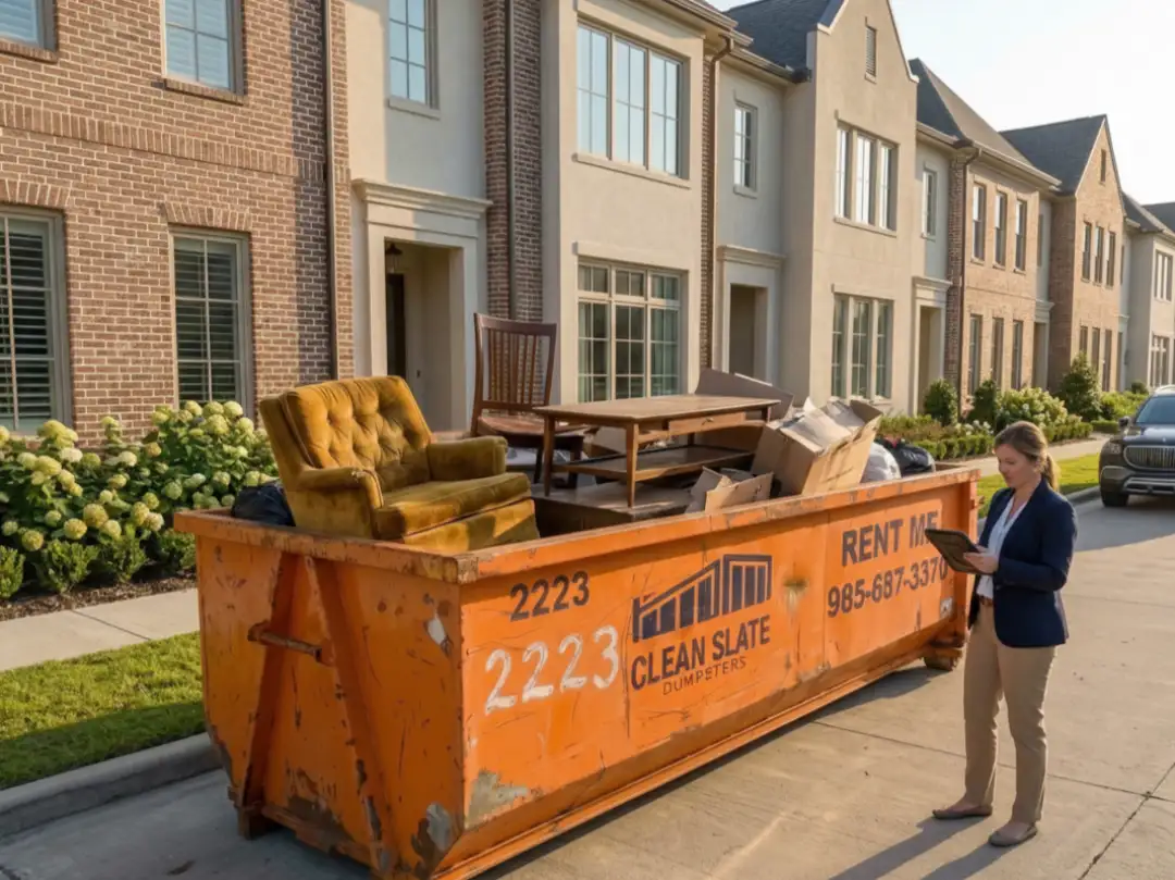 Orange dumpster filled with furniture outside townhomes