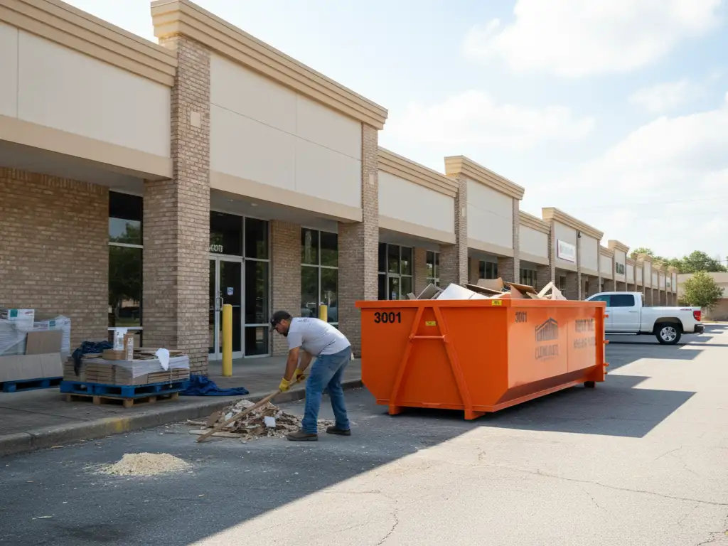 construction worker cleaning debris near orange roll off dumpster