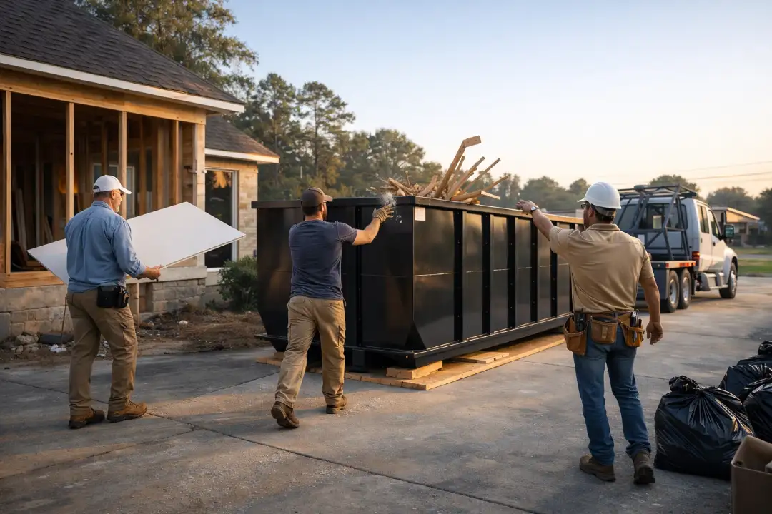 construction workers loading debris into dumpster