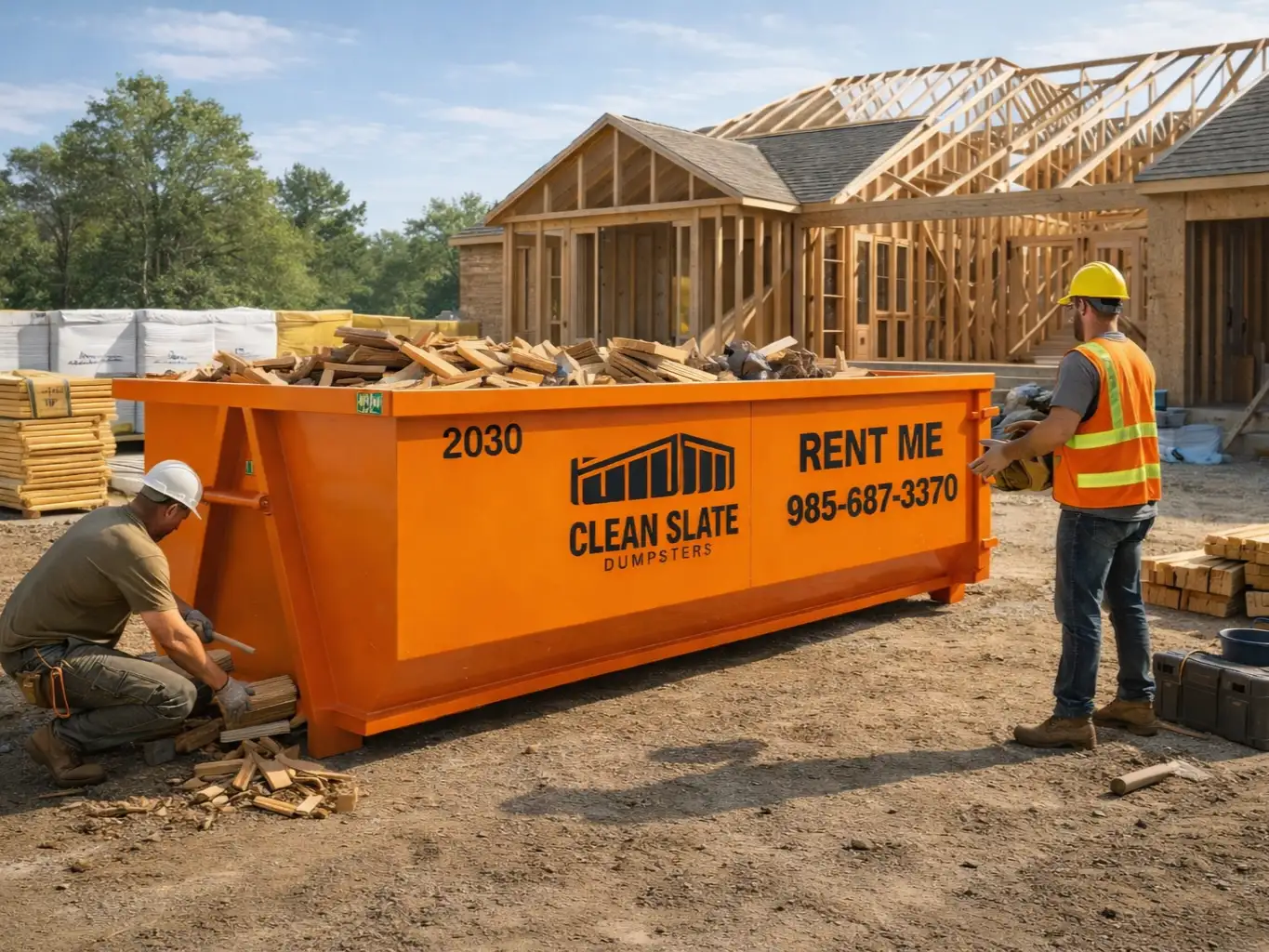 Workers loading wood into orange construction dumpster