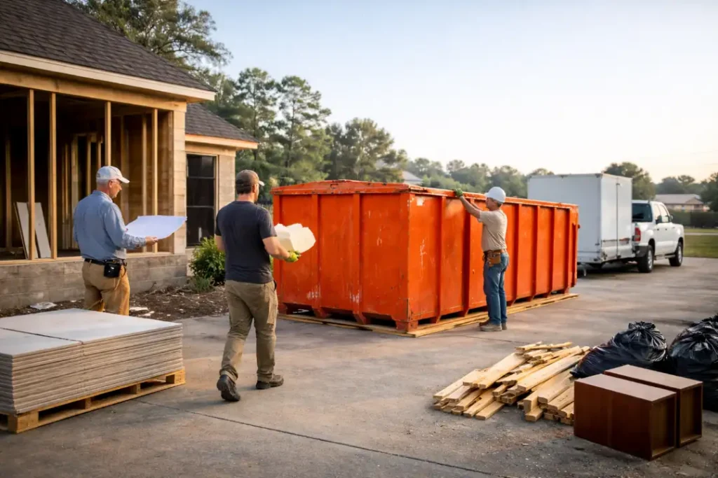 construction workers residential renovation orange dumpster