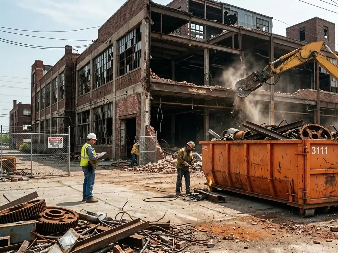 industrial building demolition roll off dumpster excavator