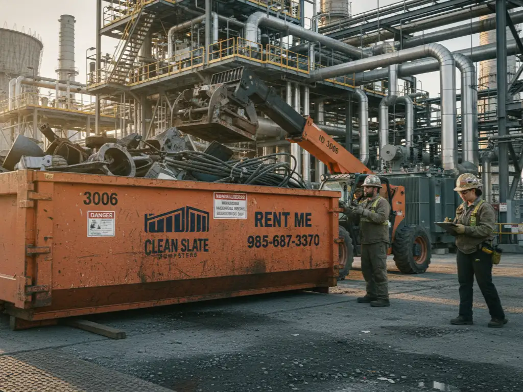 industrial workers loading scrap metal orange dumpster