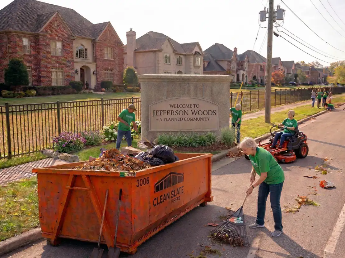 Volunteers cleaning suburban neighborhood near Jefferson Woods sign