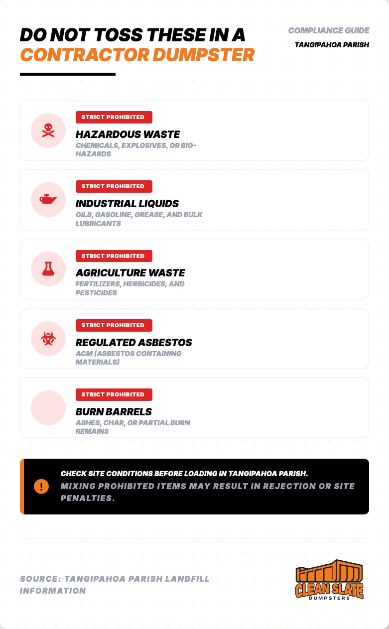 list do not toss these in contractor dumpster tangipahoa parish louisiana