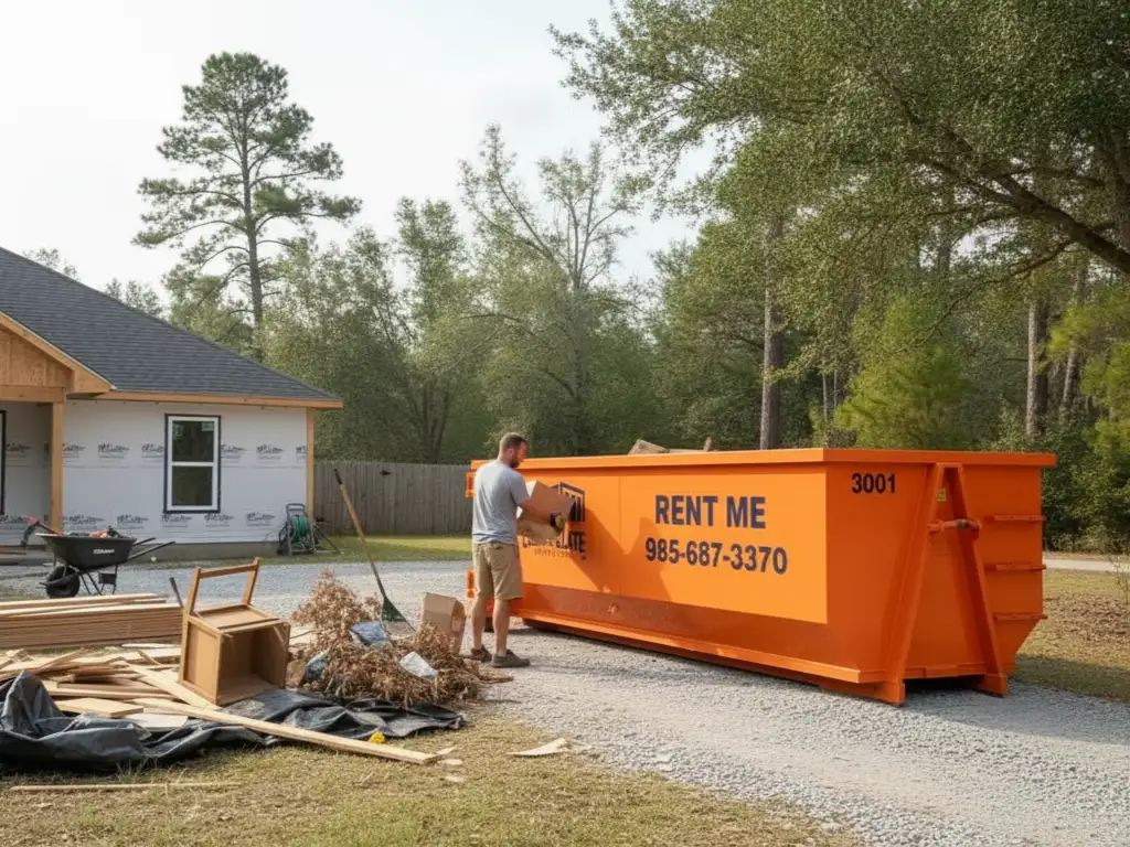 Man loading debris into orange rental dumpster