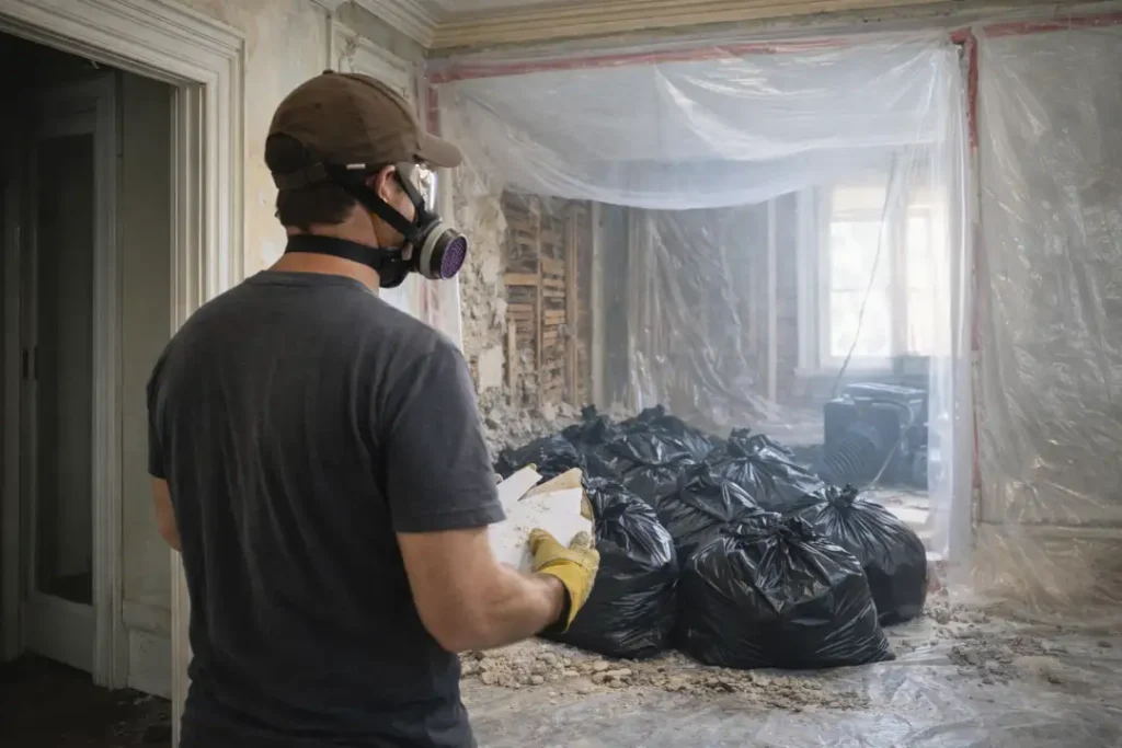 man wearing respirator mask during home renovation