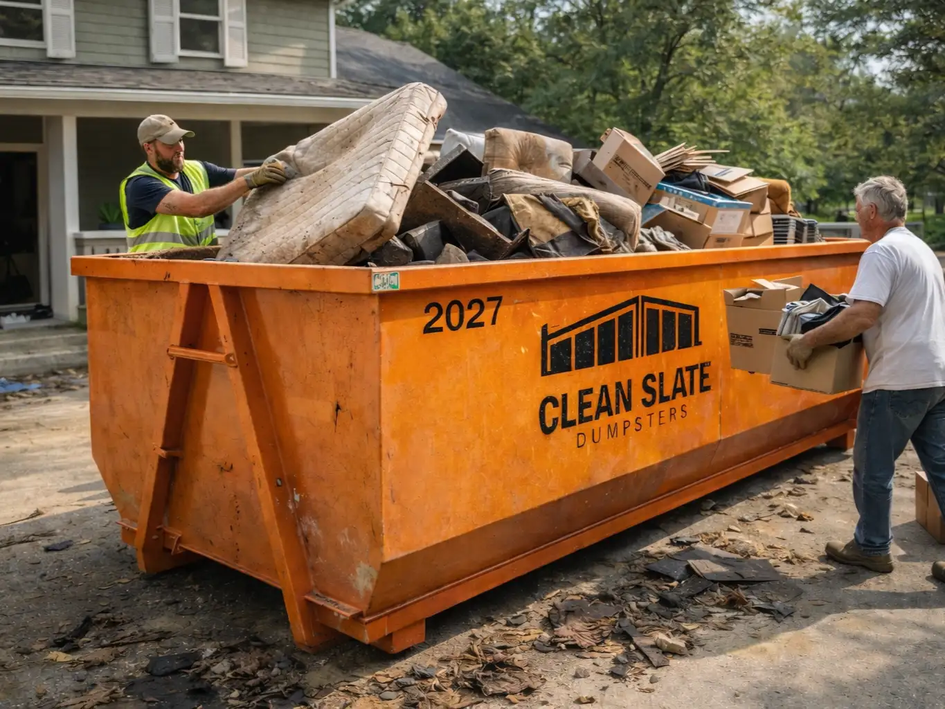 Workers loading junk into orange dumpster
