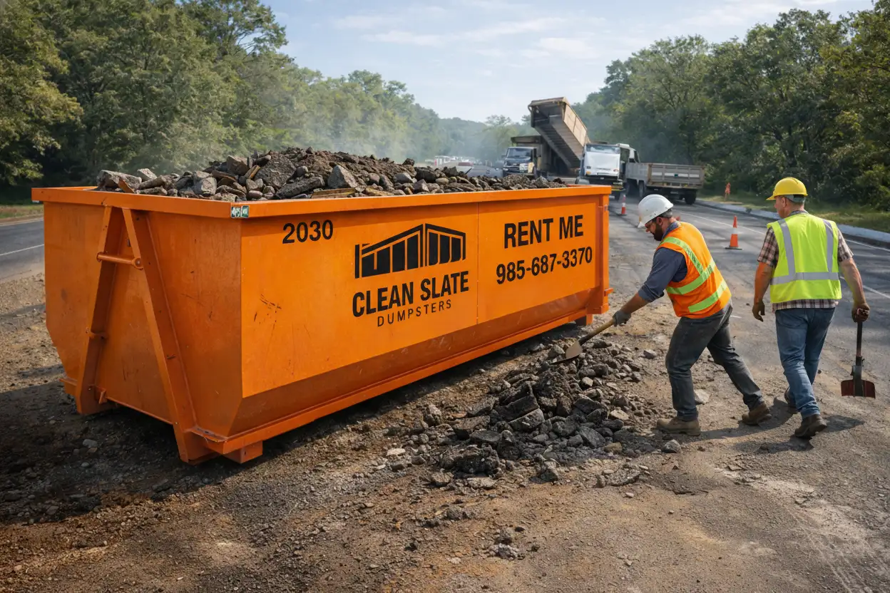 orange clean slate dumpster construction site workers