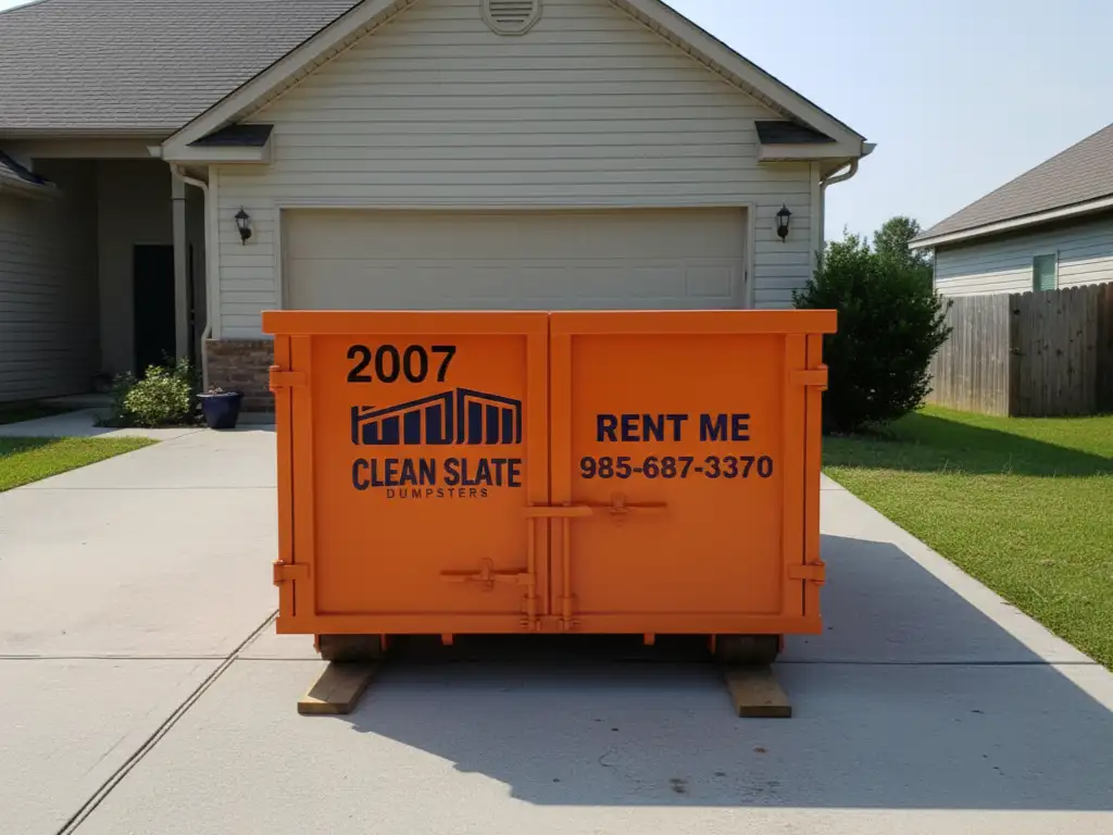 Orange rental dumpster in suburban driveway