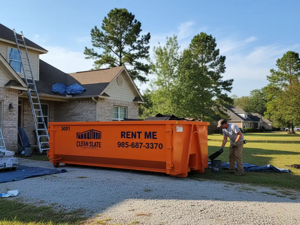 orange clean slate dumpster residential driveway roof repair