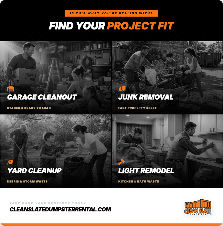 Find your project fit, match project type to dumpster size at a glance.