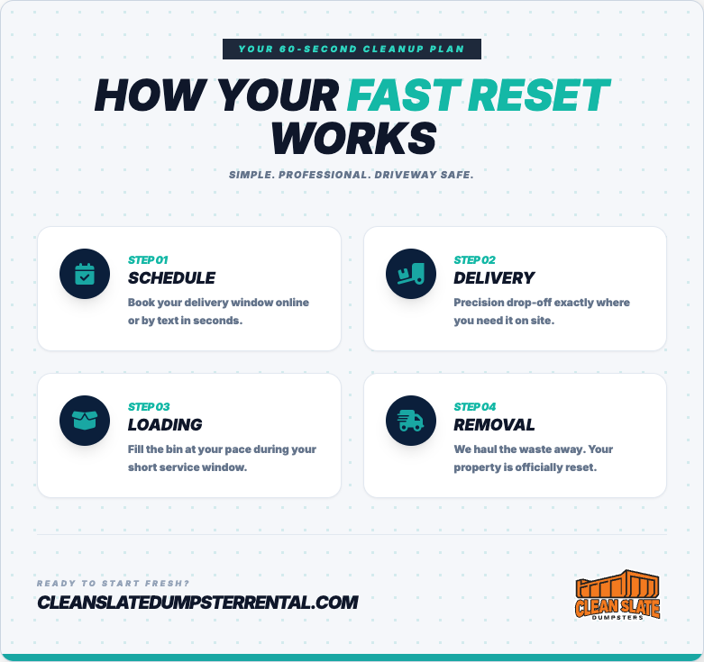 How Clean Slate's "Dump and Return" fast reset works — the rental clock resets when the dumpster is dumped and returned, without forcing a second base fee.