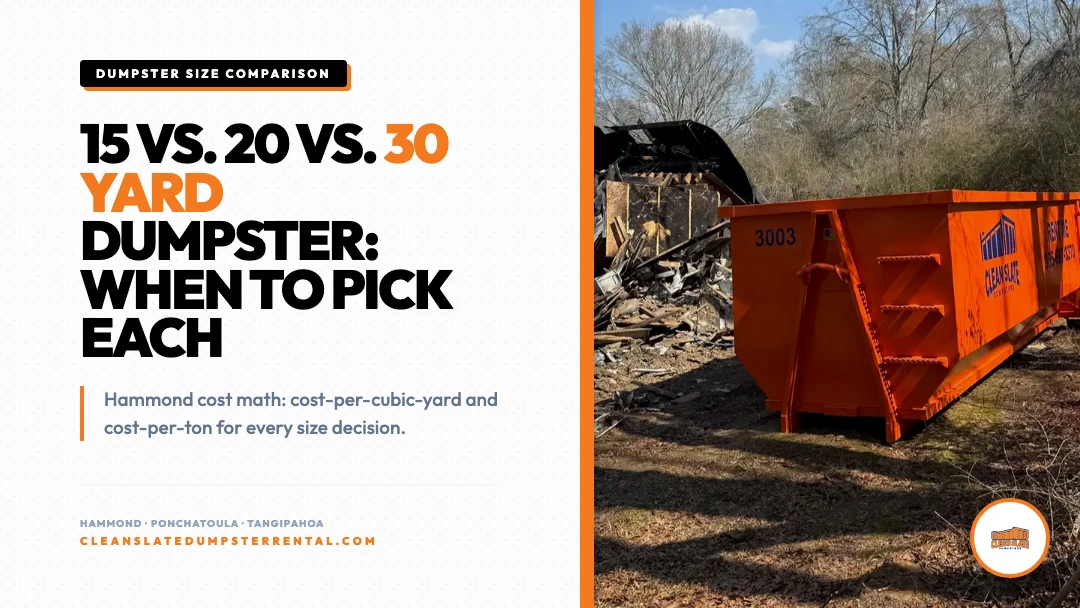 15 vs. 20 vs. 30 Yard Dumpster: When to Pick Each (with Hammond Examples)